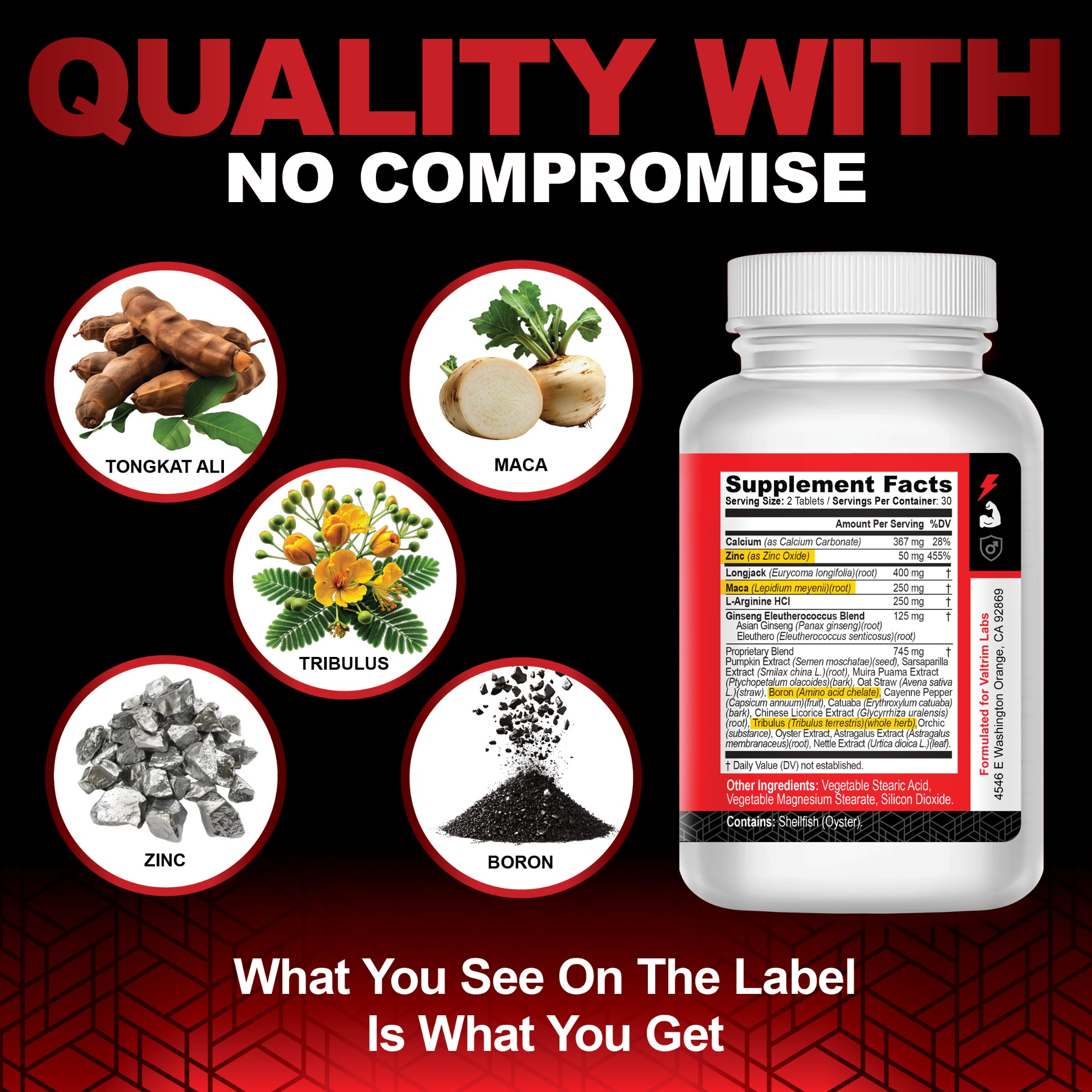Mr. Man Quality With No Compromise artwork showing Supplement Facts and Tongkat Ali, Maca, Tribulus, Zinc, and Boron.
