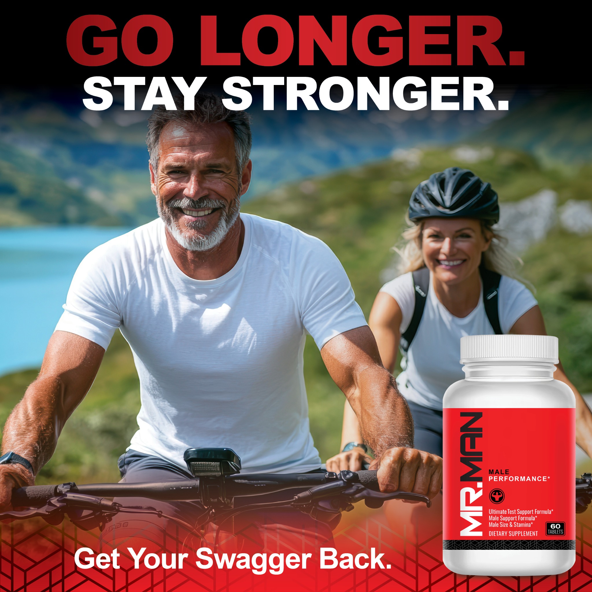 Mr. Man Go Longer, Stay Stronger artwork: a couple cycling outdoors and the Mr. Man bottle.